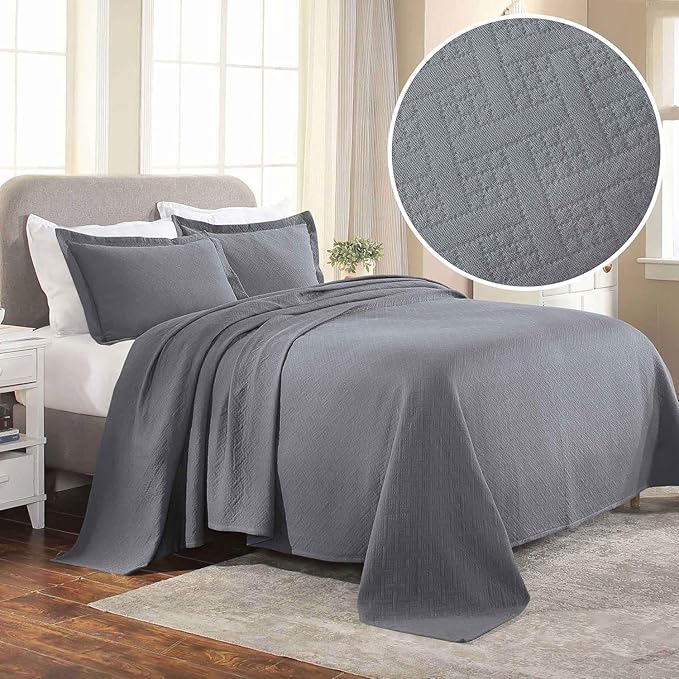 Superior 100% Cotton Basket Weave Bedspread with Shams, All-Season Premium Cotton Matelasse Jacquard Bedding, Quilted-Look Geometric Basket, Full, Grey