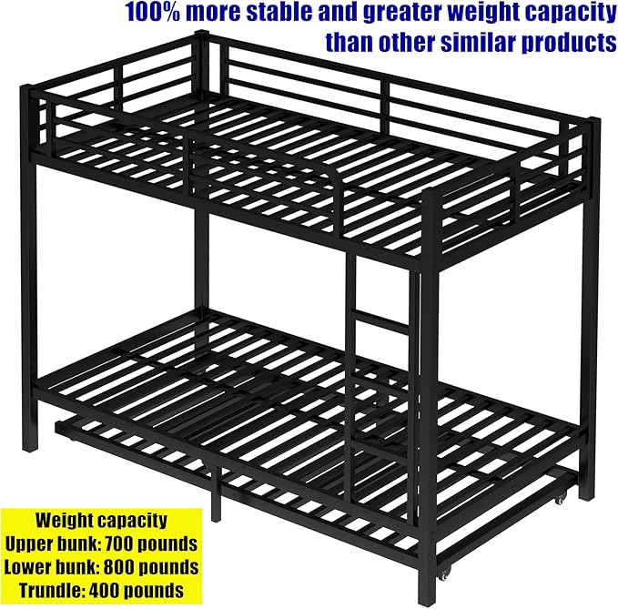 LUXIEE Upgraded & Stronger Heavy Duty Steel Twin XL Over Twin XL Bunk Bed Frame, More Stable Safer Thickened Metal Bunkbeds with Twin Size Trundle