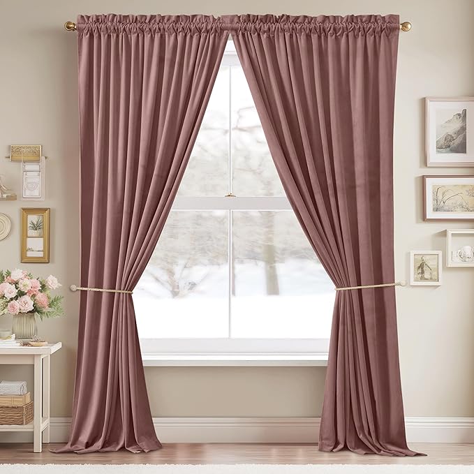 StangH Wide Rose Velvet Curtains - Room Darkening Blackout Window Drapes for Living Room, Rod Pocket Thermal Insulated Curtains for Sliding Door/Hall, W52 x L108, 2 Panels