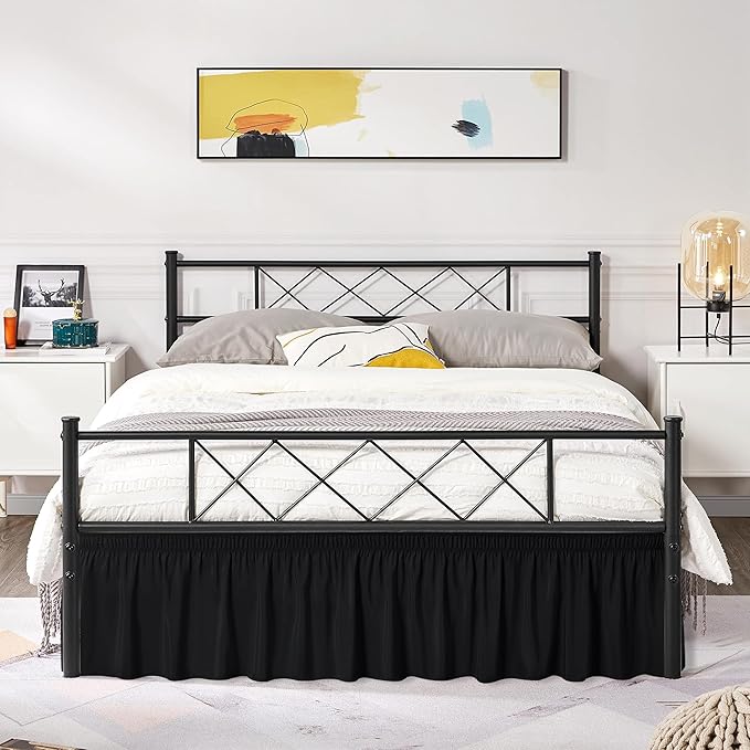 Biscaynebay Wrap Around Bed Skirts with Split Corners for King Beds 15" Drop, Black Adjustable Elastic Dust Ruffles Easy Fit Wrinkle Resistant Silky Luxurious Fabric Machine Washable