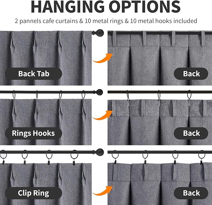 WdFour 30x30 Inch Pinch Pleated Blackout Cafe Curtains - Pack of 2, 100% Light Blocking Back Tab Drapes for Half Windows, Kitchen & Bathroom Short Curtains in Dark Gray