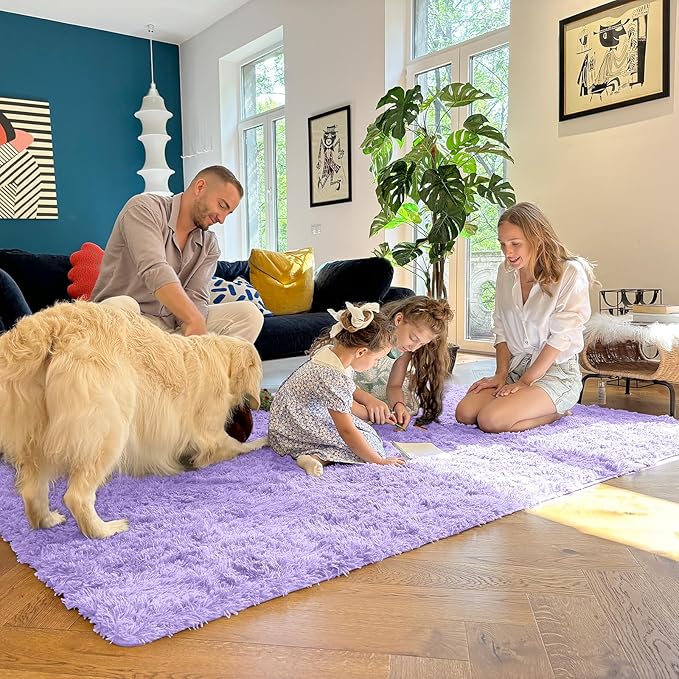 OLANLY 8x10 Machine Washable Large Area Rugs for Living Room, Bedroom, Soft Fluffy Shaggy Bedside Rug, Indoor Floor Carpet for Kids Girls and Boys, Dorms, Nursery, Home Decor Aesthetic, Light Purple