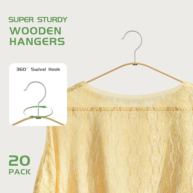 Bamboo Wood Hangers 20 Packs, Coat Hangers, Clothes Hangers with 360-Degree Rotatable Hook, Heavy Duty, Non Slip Suit Hangers for Clothes, Jacket, Shirt, Tank Top, Pant (Bamboo, 20 PCS)