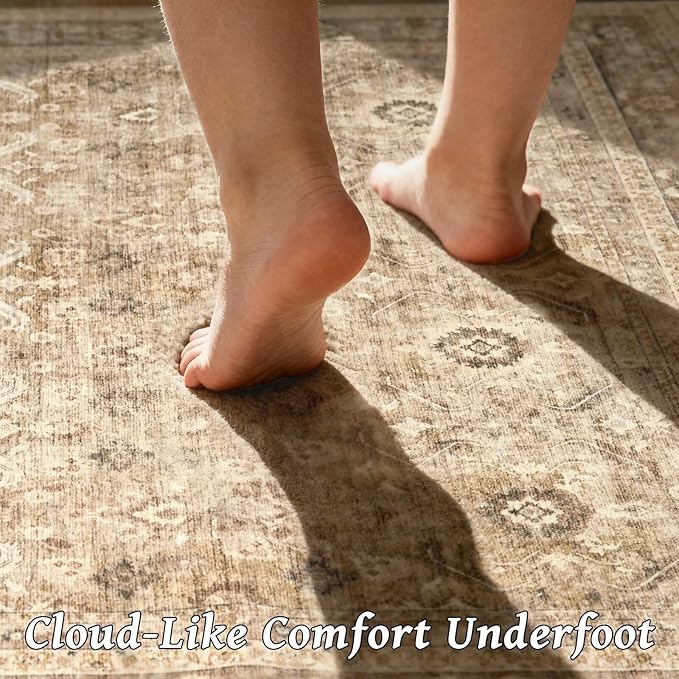 Washable 10x14 Area Rugs for Living Room, Boho Non-Slip Vintage Distress Large Rugs for Bedroom Dining Room Office, 0.3" Neutral Oriental Throw Thin Carpet, Brown/White/Multi