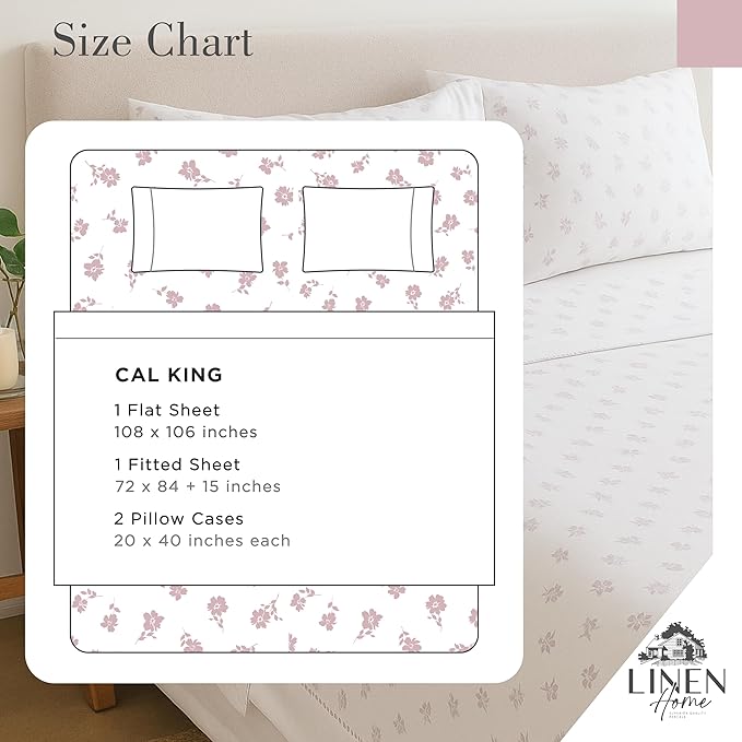 Linen Home 100% Cotton Printed Percale Sheets California King Size, Deep Pocket, 4 Pieces Set-1 Flat, 1 Deep Pocket Fitted Sheet and 2 Pillowcases, Crisp Cool Bed Linen, Mauve Silhouette Floral