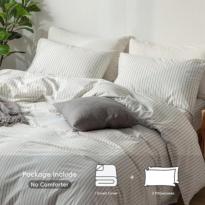 MooMee Striped Duvet Cover Set 100% Washed Cotton Linen Like Textured Breathable Durable Soft Comfy (White Dark Grey Wide Stripes, Oversized King Plus 128"x120")