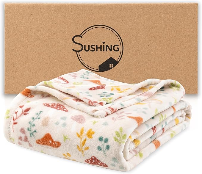 Luxury Printed Fleece Warm Blanket, Soft Lightweight Velvety Plush Throw for Couch and Bed, Cozy Comfy for All Seasons(Cream Various Mushrooms, 90×90 Inches)