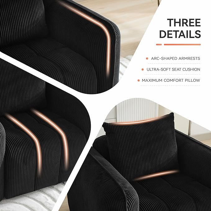 Oversized Boneless Accent Chair, Comfy Deep Seat Armchair for Bedroom, Modern Upholstered Living Room Sofa Chair with Pillow, No Assembly, Corduroy Black