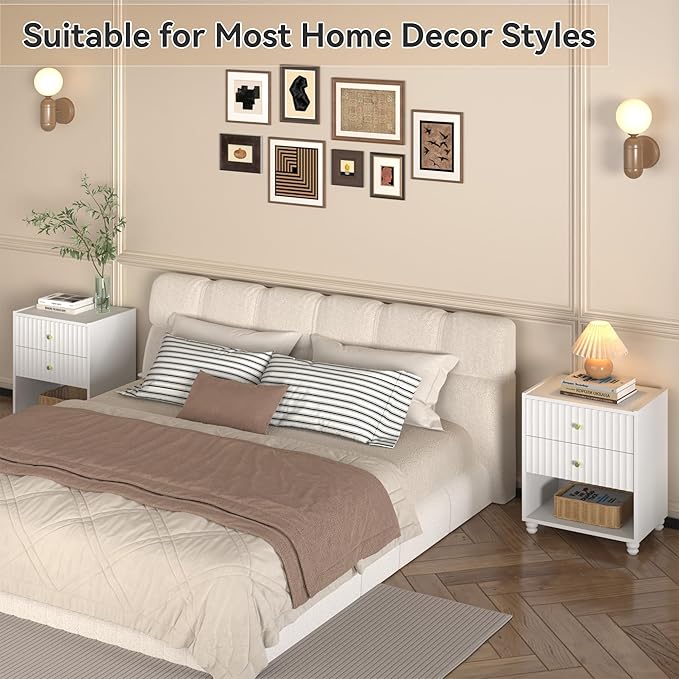 Modern Nightstand, Fluted End Table with 2 Drawers, Nightstand with Open Shelf for Bedroom (2, White)