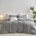 MooMee Striped Duvet Cover Set 100% Washed Cotton Linen Like Textured Breathable Durable Soft Comfy (Dark Grey White Wide Stripes, Oversized Queen 98"x98")