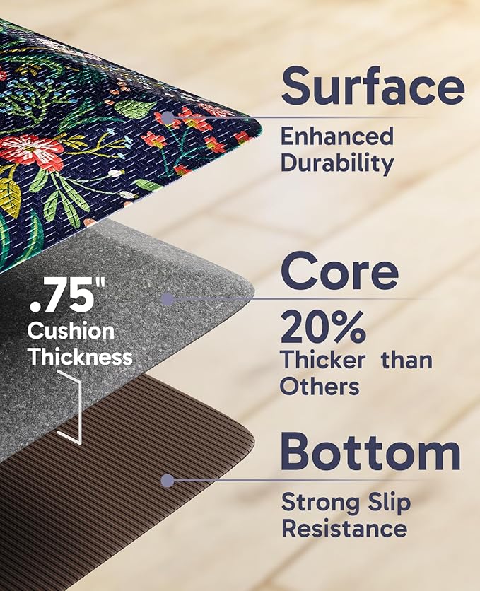 Ophanie Kitchen Mats for Floor, 3/4 inch Thick, 17x28 Anti Fatigue Cushioned Mat, Kitchen Rugs, Waterproof, Comfort Ergonomic Standing Mat for Office, Home, Sink, Blue Flower Non-Slip Ridged Bottom