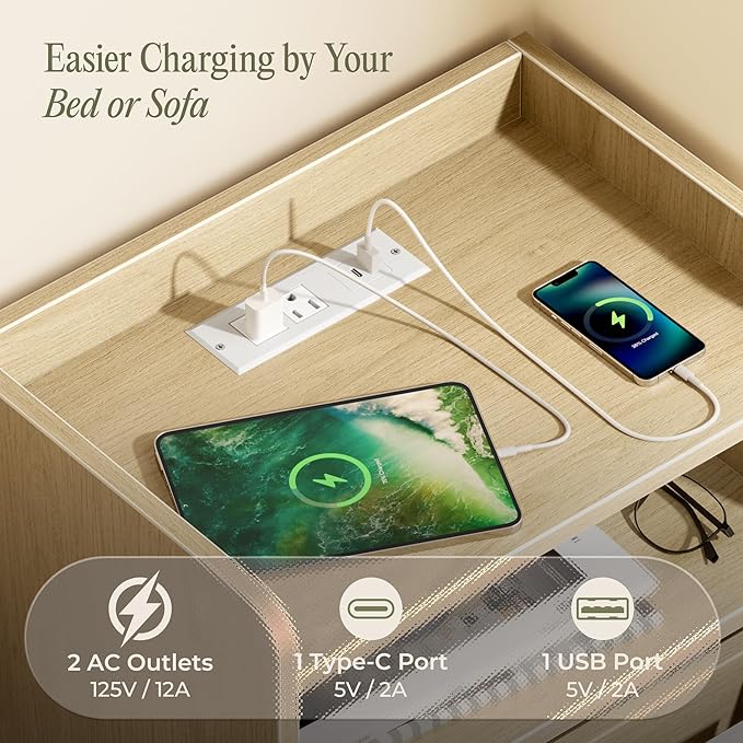 Huuger Nightstand with Charging Station, USB-C Port, Fluted Night Stand Set of 2, Bed Side Table with Drawer, Solid Wood Feet, Open Storage, End Table with Raised Edge, for Bedroom, Natural