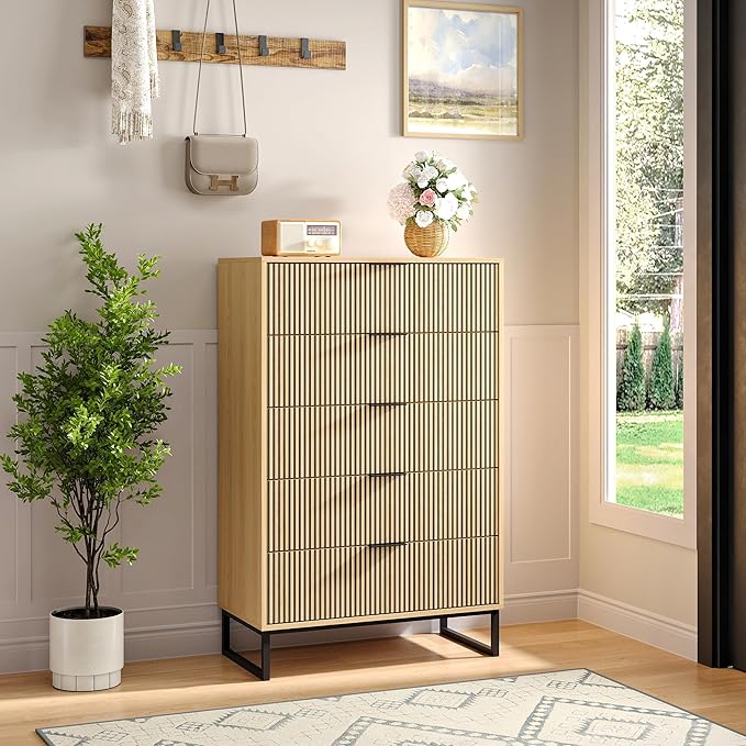 5 Drawers Dresser Set of 2, 49.2’’ Tall Modern Chest of Drawers for Bedroom, Large Closet Dressers with Drawers, Wooden Drawer Dresser for Bedroom, Living Room, Hallway