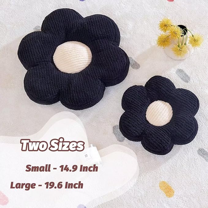 Kcvvcr Flower Pillow, Cute Daisy Decorative Pillow for Bed, Soft Home Decor Floor Seating Cushion (Black, 14.9 Inches)