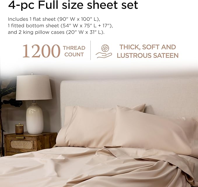 Threadmill Luxury Supima Cotton Sheets, Luxury 1200 Thread Count Soft 100% Cotton Sheets for Full Size Bed, 4 Pc Beige Bed Sheets Full Set, 5-Star Hotel Quality Deep Pocket Bed Sheets Set
