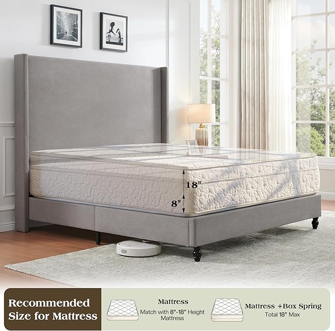 King Bed Frame with 65" Tall Headboard, Horizontal Fine Corduroy Bed Frame with Wingback, Upholstered Platform Bed, Vintage Solid Wood Gourd Legs, No Box Spring Needed, Gray
