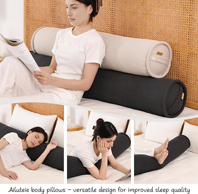 Cuddle Pillow – Corduroy Long Body Pillow for Adults, Cozy Bolster Pillow for Bed, Soft & Supportive for Relaxing Sleep,59 x 7.87 Inches,Lamp Black