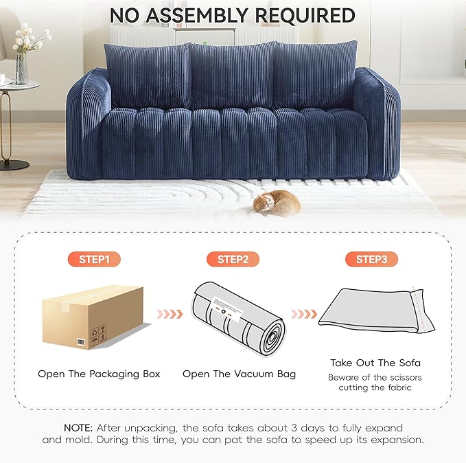 Corduroy Boneless Living Room Sets, Modern Upholstered 3 Seater Sofa with 2 Signle Accent Chairs, Comfy Deep Seat Cloud Sofa Couch Sets for Living Room, Navy