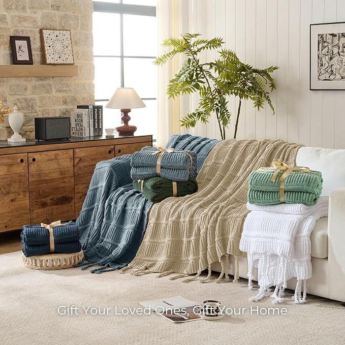 Boho Knitted Chenille Blanket with Tassels - Lightweight & Soft All-Season Throw - 3D Classic Pattern for Living Room Bedroom Couch, Sandy Beige, Throw 50"x60"
