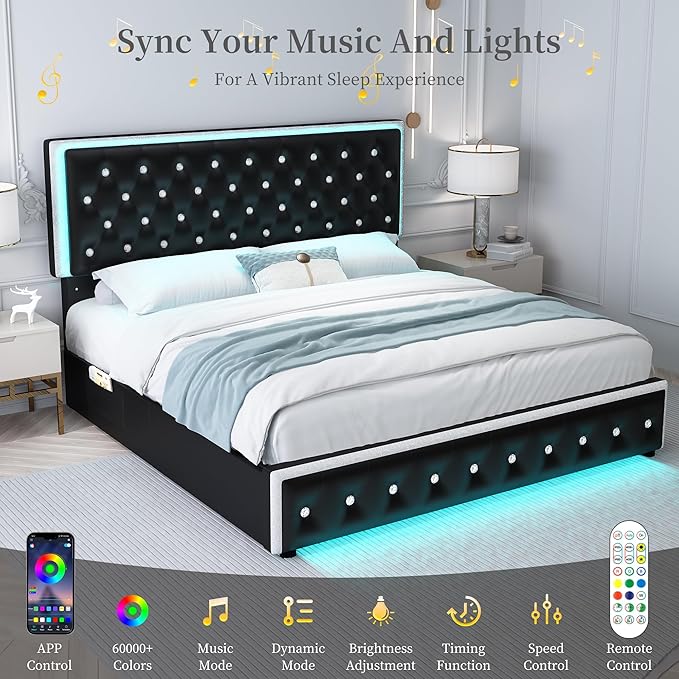 Queen LED Bed Frame with 2 Drawers, Storage Platform Beds with Upholstered Crystal Button Tufted Headboard Footboard, 2 Side Pockets, No Box Spring Needed, PU Black
