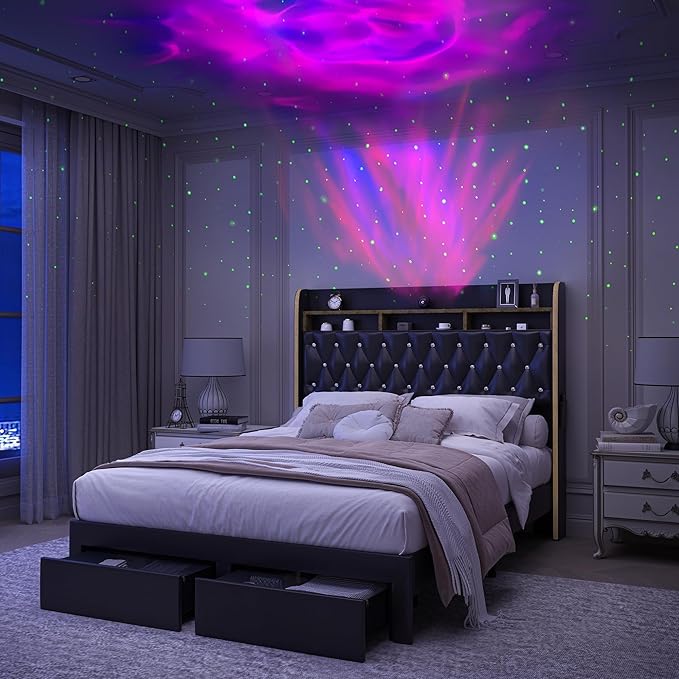 King LED Bed Frame with 2 Storage Drawers, PU Upholstered Platform Beds with Galaxy Star Projector Charging Station Speaker, Aurora Bedframe with 2-Tier Storage Headboard, Noise-Free, Black