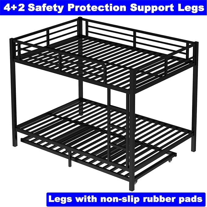 Upgraded Version Thicken Heavy Duty Metal Full Over Full Bunk Bed with Twin Size Trundle, Modern Style Stronger Full Size Bunk Bed Frame for Adults, Easy Assembly (Full)
