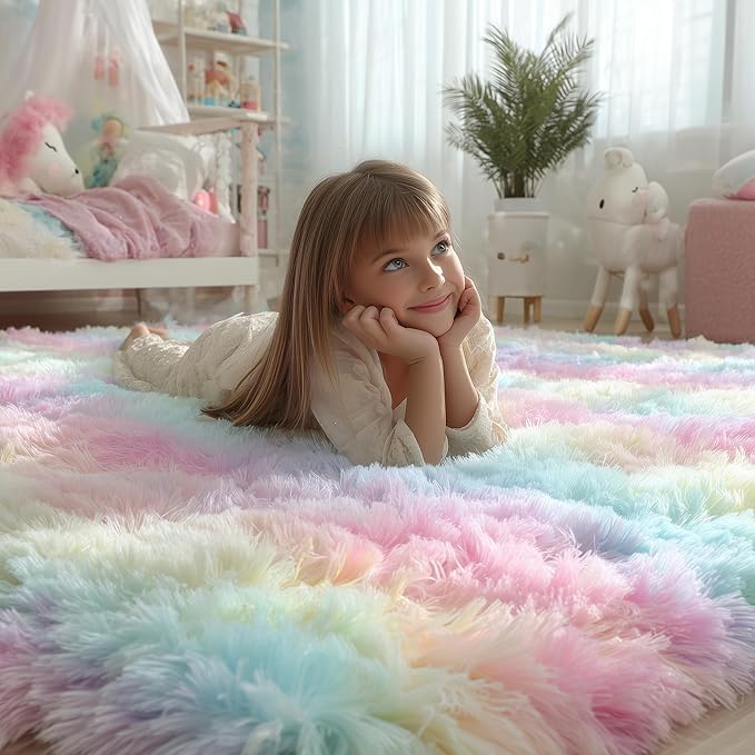 PAGISOFE Machine Washable Rainbow Runner Rugs for Girls Bedroom Hallway Plush Fluffy Rug 2x6 Ft, Soft Carpet for Living Room, Non-Slip Indoor Floor Rugs for Nursery Kids Girls Room Home Decor