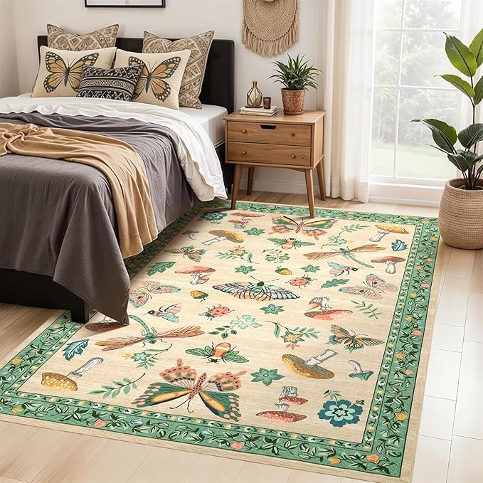 Mushroom 3x5 Area Rug Washable Non-Slip Small Indoor Rugs for Entryway with Rubber Back Soft Low-Pile Carpet for Kitchen Bedroom Living Room Mat Khaki Green