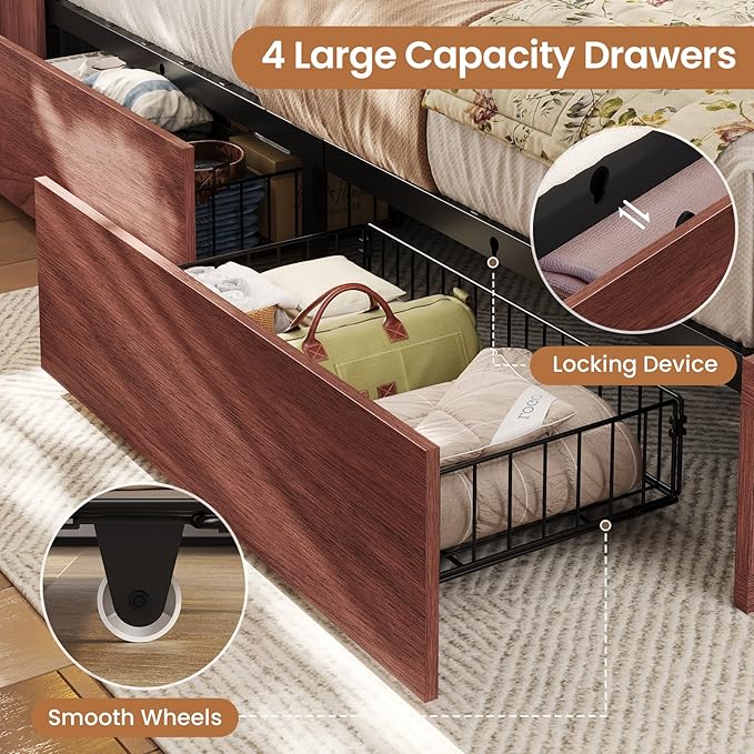 VIAGDO Farmhouse Bed Frame Twin Size with Bookcase Storage Headboard, Charging Station and LED Lights, Wooden Twin Bed Frames with 4 Drawers, Barn Door Design, No Box Spring Needed, Reddish Brown