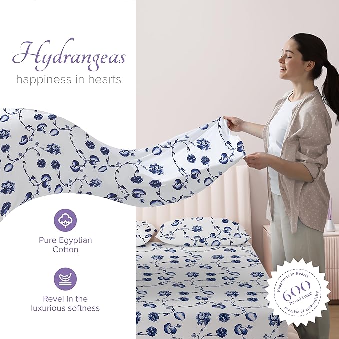 Carressa Linen 100% Egyptian Cotton Printed Bed Sheets - 600 Thread Count 3 PC Twin Sheet Set, Hotel Luxury Sateen Bedsheets, 16" Deep Pocket Soft Cooling Sheets for Twin Size Bed - Floral Blue