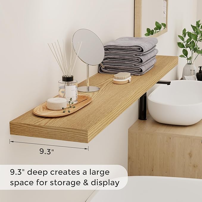 Fun Memories Farmhouse Floating Shelves for Wall, 48 x 9.3 Large Floating Shelf Wall Mounted, Rustic Wood Shelves for Bathroom, Kitchen, Living, Heavy-Duty Storage Deep Shelf for Books, Decor, Oak