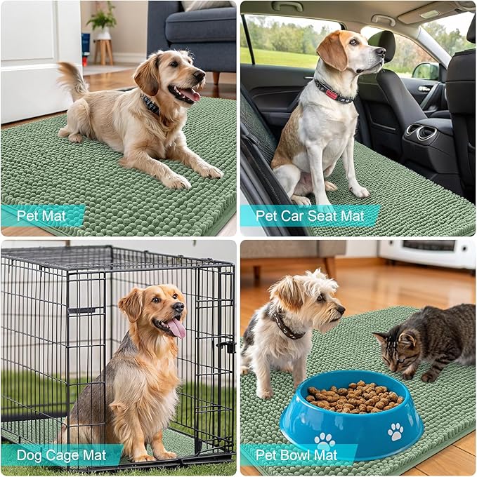 OLANLY Dog Door Mat for Muddy Paws 70x35, Absorbs Moisture and Dirt, Absorbent Non-Slip Washable Doormat, Quick Dry Chenille Mud Mat, Entry Indoor Entryway Carpet for Inside Floor, Olive Green