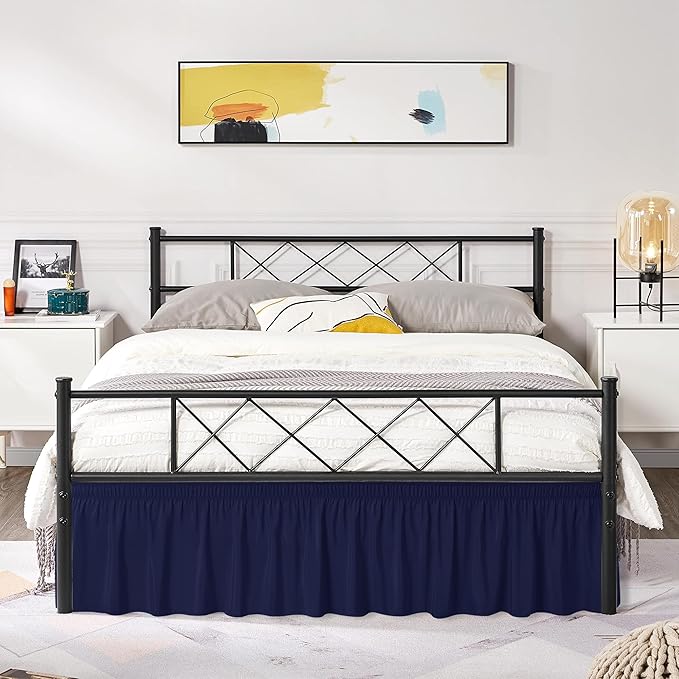 Biscaynebay Wrap Around Bed Skirts with Split Corners for King Beds 15" Drop, Navy Adjustable Elastic Dust Ruffles Easy Fit Wrinkle Resistant Silky Luxurious Fabric Machine Washable