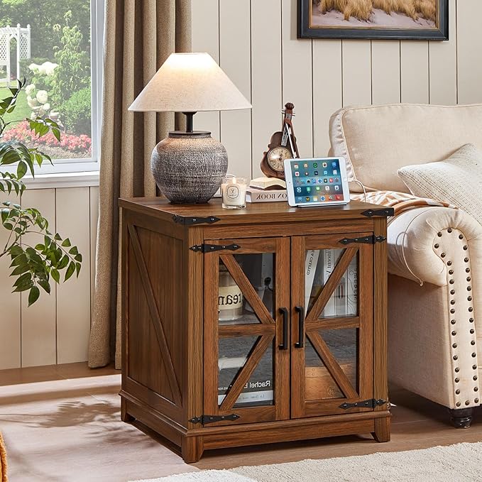 Farmhouse End Table Set 2, Narrow 18'' Night Stand with Glass Barn Door, 24" Square Side Table with Charger Station, Living Room Furniture Sets, Wood Nightstand Bedside Tables for Bedroom