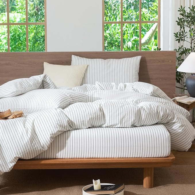 MooMee Striped Duvet Cover Set 100% Washed Cotton Linen Like Textured Breathable Durable Soft Comfy (White Heathered Green Wide Stripes, Palatial King/Oversized King 120"x98")