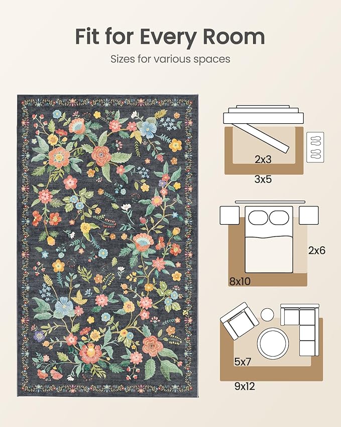 Amada 8x10 Area Rugs, Non-Slip & Low-Profile Large Area Rug with Reinforced Edge Binding, Washable Soft Boho Floral Rugs for Living Room, Bedroom, Dining Room