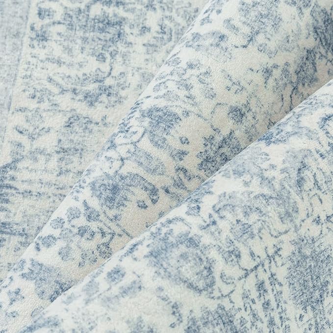Blue Runner Rug 3x8 Hallway Machine Washable Kitchen Vintage Distressed Non Slip Long Carpet Indoor Retro Floral Bedroom Accent Throw Rug for Bathroom Office Laundry Dining Room