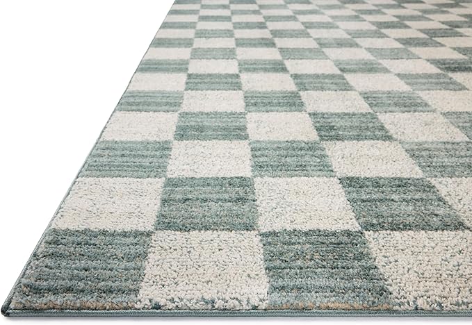 Loloi Chris Loves Julia Calvin Collection CLV-01 Blue/Ivory 2'-7" x 10'-0" Runner Rug Checkered Neutral Soft Living Room Bedroom Carpet