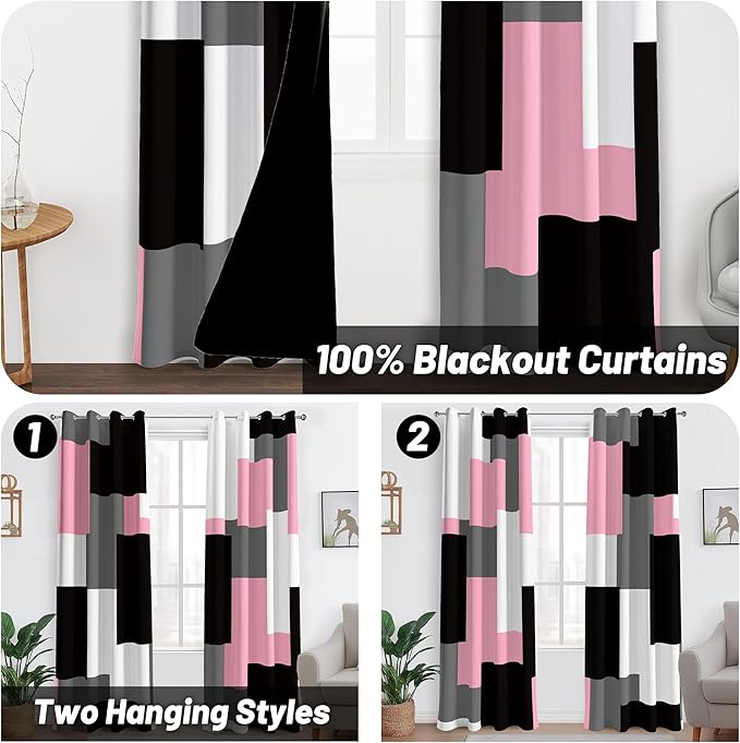 Pink 100% Blackout Curtains for Bedroom 108 inch Extra Long 2 Panels Set Black White Grey Modern Abstract Geometric Black Out Curtains Room Darkening Window Drapes for Living Room, 52Wx108L