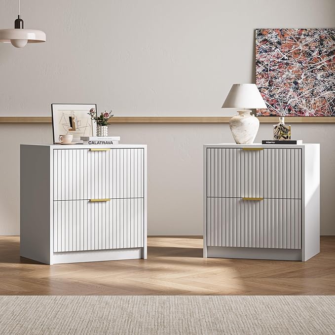 3-Piece Dresser Bedroom Set, 6 Drawer Dresser & 2 Drawer Nightstands with Gold Handles, Fluted Wood Chest of Drawers for Bedroom, Living Room, Entryway, White