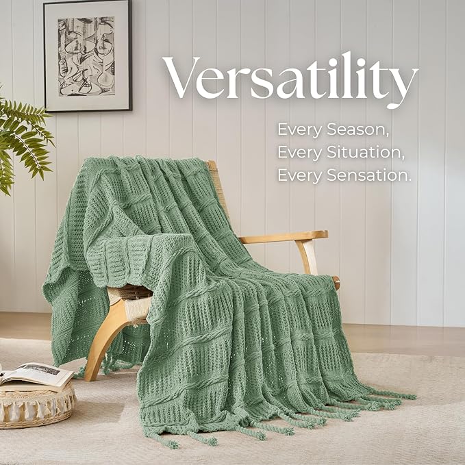 Boho Knitted Chenille Blanket with Tassels - Lightweight & Soft All-Season Throw - 3D Classic Pattern for Living Room Bedroom Couch, Sage Green, King 90"x108"