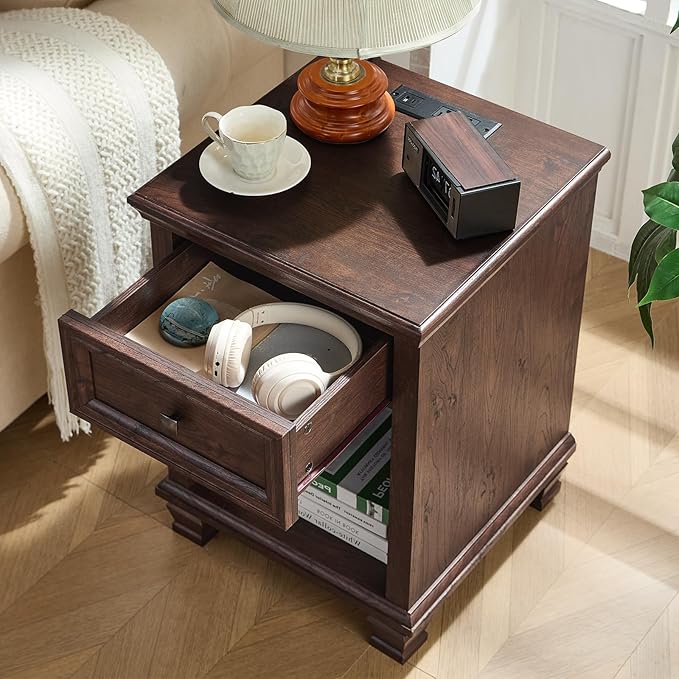 SAVOR LIFE Farmhouse End Tables Living Room with Drawer, Rustic Wood Nightstand with Charging Station, Brown Bedside Table with Open Shelf for Bed Room, Living Room, Walnut