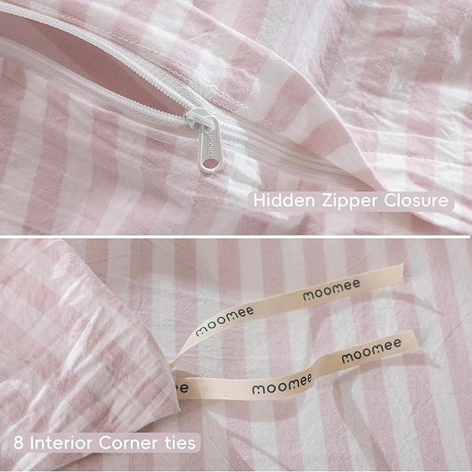 MooMee Striped Duvet Cover Set 100% Washed Cotton Linen Like Textured Breathable Durable Soft Comfy (Heathered Greyish Pink Classic Stripes, Oversized Full 82"x86")
