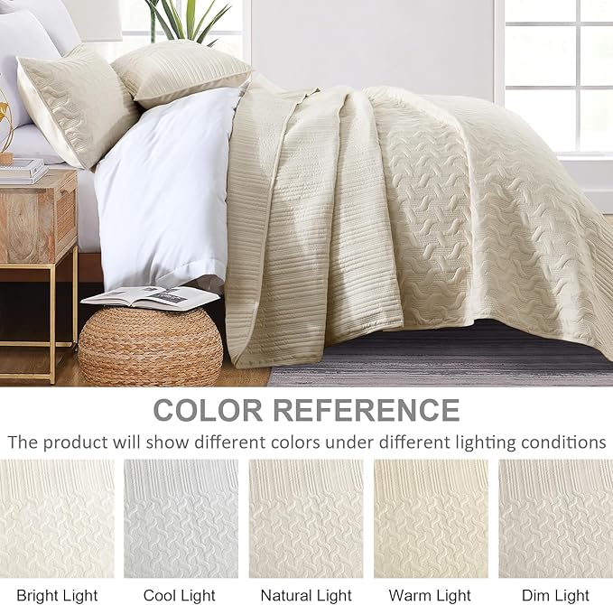 Yiran California King Size Beige Quilt Set Lightweight Oversized Bedspread Ultrasonic Wave Pattern Soft Microfiber Summer Coverlet Modern Style 3 Piece with 2 Pillow Shams (112x104 inch)