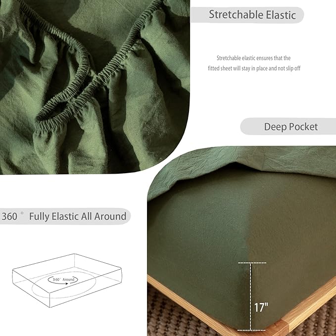 MooMee Fitted Bottom Sheet Only 100% Washed Cotton Linen Like Textured Breathable Durable Soft Comfy Deep Pocket Fits Mattress up to 17" (Olive Green, Twin)