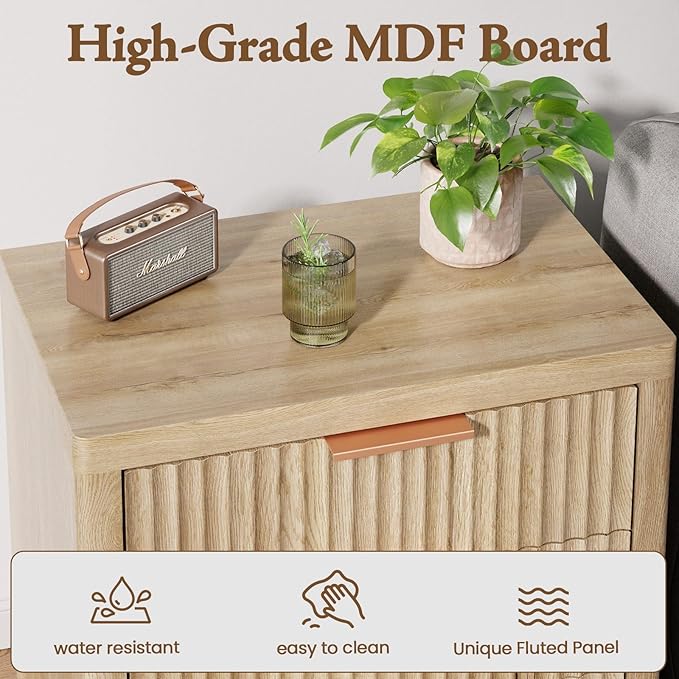 Night Stand with 3 Drawers, 23" Wide Modern Nightstand with Large Storage, Fluted Bed Side Table with Metal Handle, End Table Tall Nightstand for Bedroom, Living Room, Office, Nature