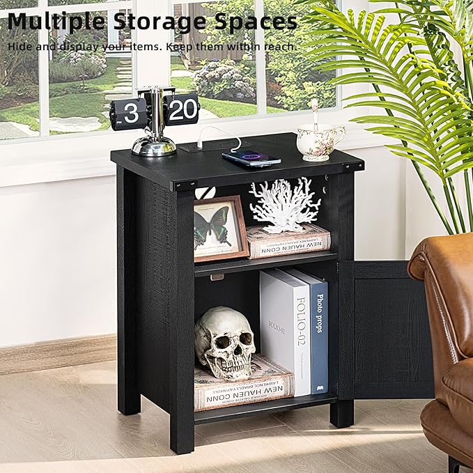 Joaxswe Night Stand, 18 Inch Farmhouse Nightstand with with Charging Station and USB Port, Rustic Couch End Table with Magnetic Door, Wood Bed Side Tables for Bedroom, Home, Black