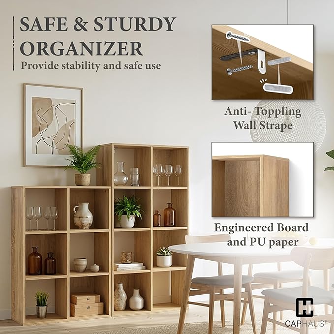 CAPHAUS Sturdy Room 11-Inch Cube Storage Organizer Shelf, with Thick Exterior Edge, Storage Shelf Divider w/Back, Bookcase, 6-Cube, Natural Oak