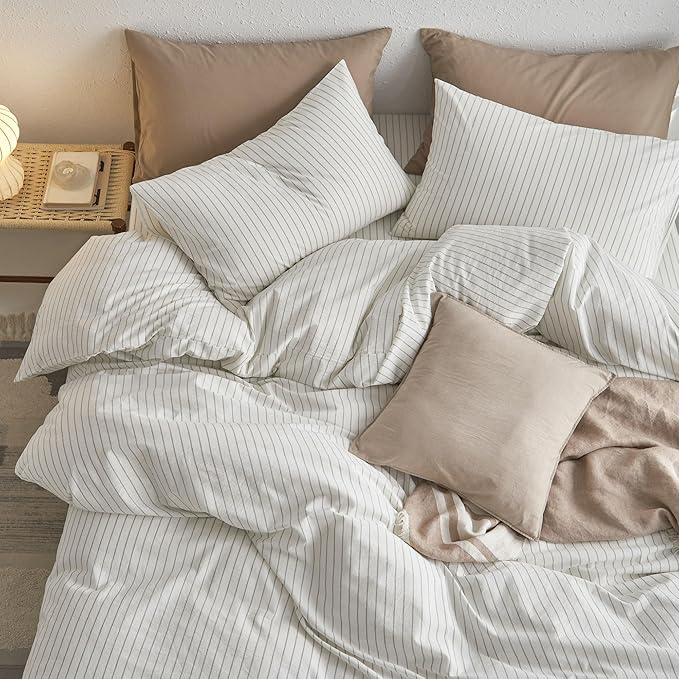 MooMee Striped Duvet Cover Set 100% Washed Cotton Linen Like Textured Breathable Durable Soft Comfy (White Sage Green Wide Stripes, Super King 108"x98")