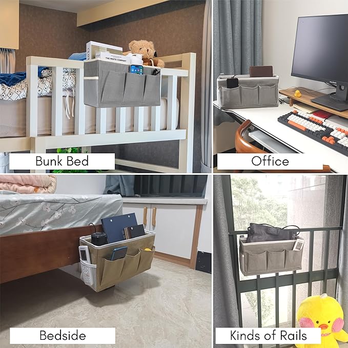 Kanrichu 3-Piece Bedside Caddy Storage Organizer with Pockets for Bedrooms, Loft Beds & Top Bunk Beds (Gray)